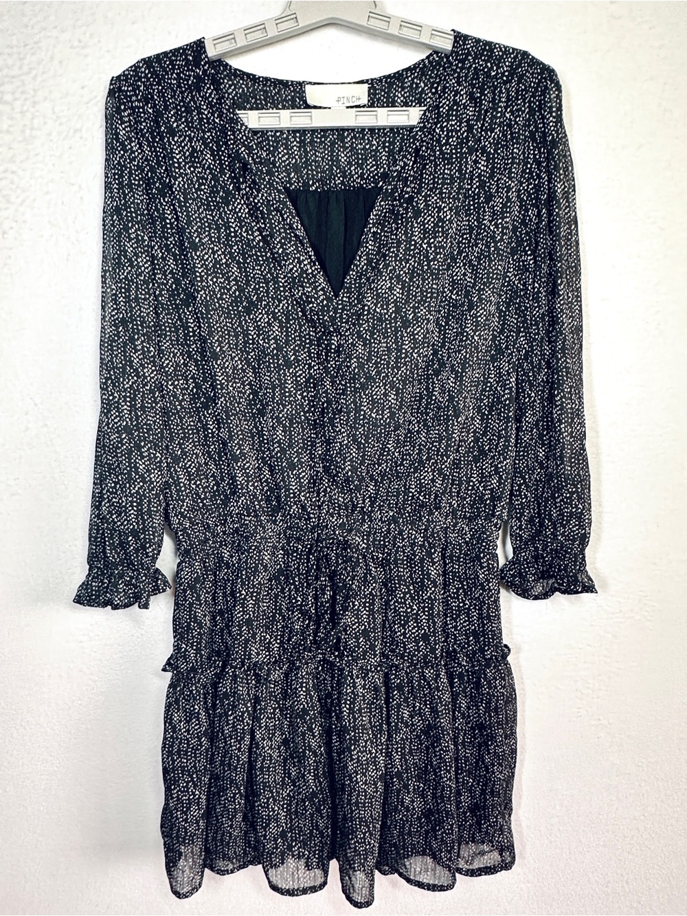 Pinch Tiered Dress L Black White Drawstring Waist Elastic Lined Sheer Overlay